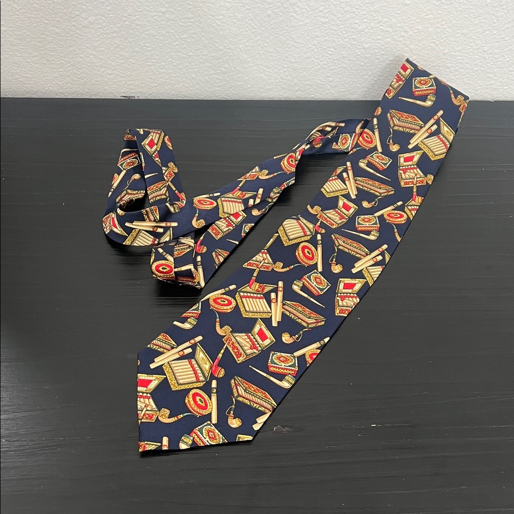 Navy Blue Tie with cigars and smoking pipes Pattern silk